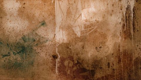 Grunge rusted wall texture with green-blue paint splatters, scratches and patina