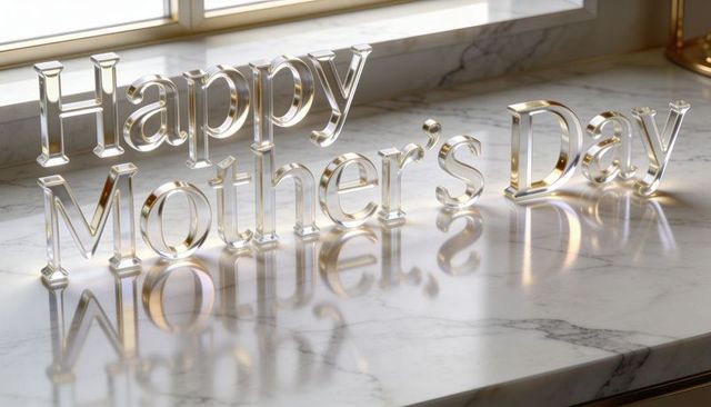 Glass lettering happy mother's day with gold edges reflecting on sunlit marble countertop