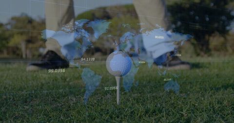 Golf ball on tee with world map overlay highlighting global sport