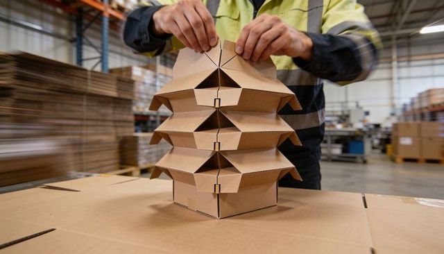 Folding corrugated packaging insert on warehouse packing table with hi-vis jacket