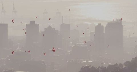Hazy Urban Skyline with Currency Icons and Construction Cranes
