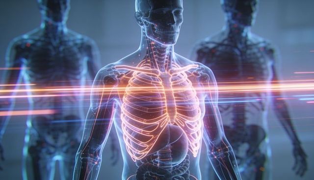 Pulsing holographic ribcage illuminating translucent human anatomy in futuristic lab