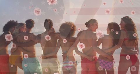 Diverse Group of Friends Enjoying Beach with United States Flag Overlay