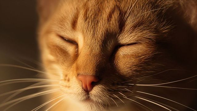 Sleeping orange tabby cat closeup showing pink nose, long whiskers and detailed golden fur