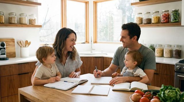 Family gathering at sunlit kitchen table planning, laughing and writing together with kids
