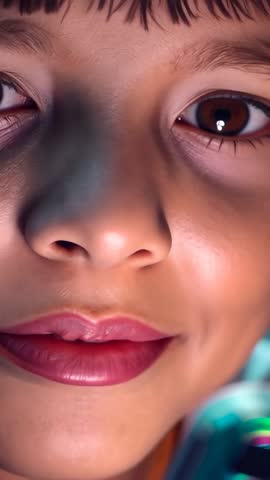 Closeup vertical video girl watching glowing smartphone, smiling and gazing with catchlights