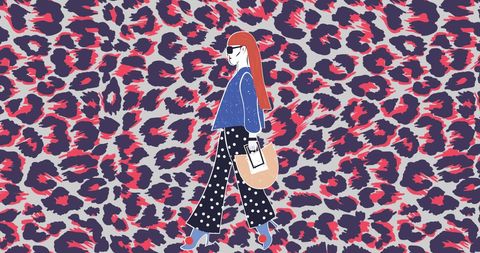 Trendy Illustrated Woman Walking on Vibrant Animal Pattern - Download Free Stock Images Pikwizard.com