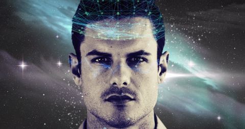 Contemplative Man with Futuristic Digital Overlay in Cosmic Space - Download Free Stock Images Pikwizard.com