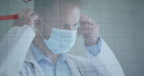 Doctor Adjusting Surgical Mask Amidst Performance Analytics Data