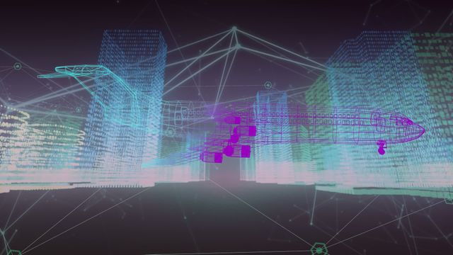 This dynamic animation features a digital representation of an airplane overlaid with streams of data flowing through a futuristic urban landscape, representing advanced digital processing elements and global business operations. This visualization is ideal for presentations on technology in aviation, future city planning, innovation in data networks, or virtual reality concepts, serving educational and commercial purposes in forums exploring modern tech advancements.