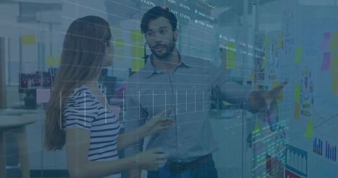 Team Brainstorming with Data Visualization Overlay in Modern Office