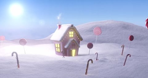 Magical christmas cottage in candy snow land