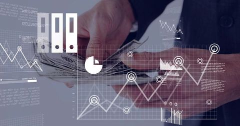 Businessman counting us dollars with floating financial charts and data visualization hud