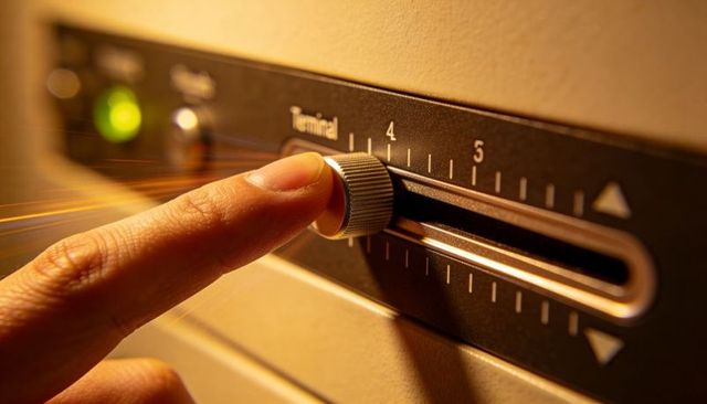 Index finger turning silver knob adjusting numbered dial on control panel closeup