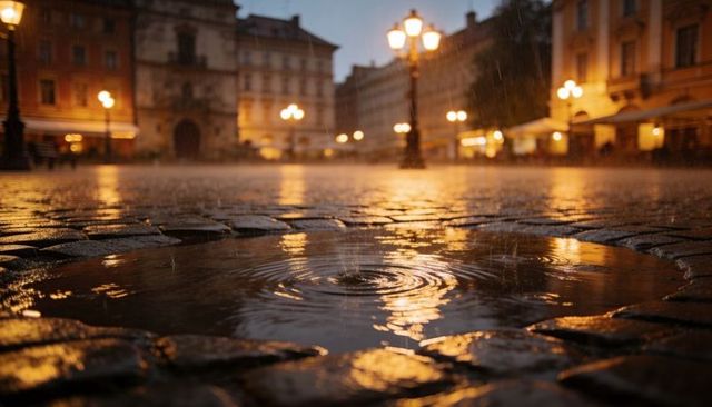 Cobblestone puddle ripples reflecting warm street lamps at rainy dusk in historic square
