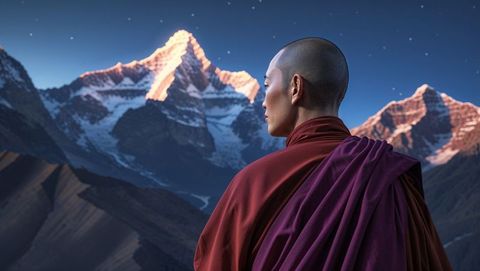 Monk embracing serenity with majestic snow-capped mountains background