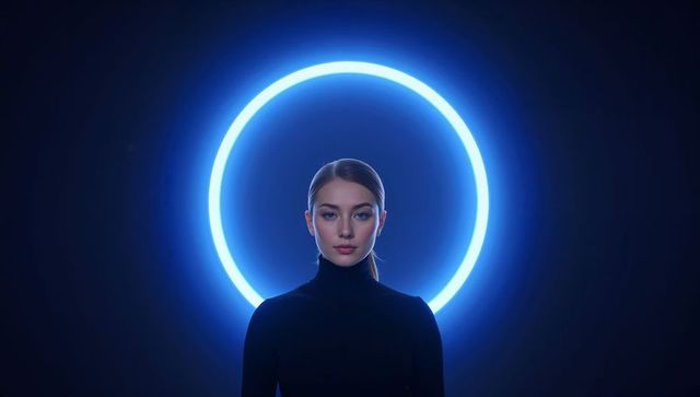 Futuristic female portrait with neon halo ring light minimalist headshot