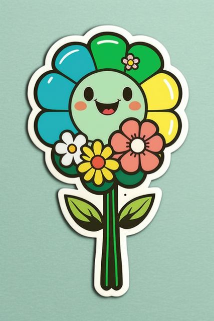 Composition of colorful kawaii cartoon flower sticker on green background - Download Free Stock Photos Pikwizard.com