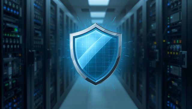 Floating Holographic Shield Protecting Data Center Servers, Cybersecurity Firewall Concept