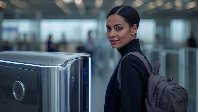 Business traveler scanning biometric kiosk at modern airport terminal with backpack