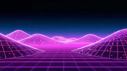 Neon Synthwave Motion: Glowing Wireframe Grid Crossing Retrofuturistic Cyber Landscape