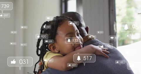 Father and Daughter Embrace with Floating Social Media Icons