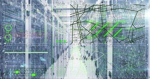 Futuristic Data Center Aisle with Digital Overlay & Math Equations - Download Free Stock Images Pikwizard.com