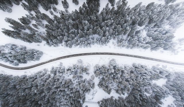 Aerial View of Snowy Forest and Winding Road in Winter - Download Free Stock Photos Pikwizard.com