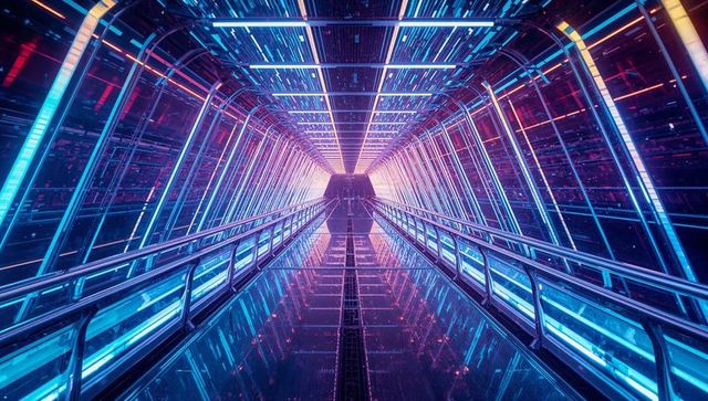 Futuristic Neon Tunnel with Glass Pathway and Illuminated Panels