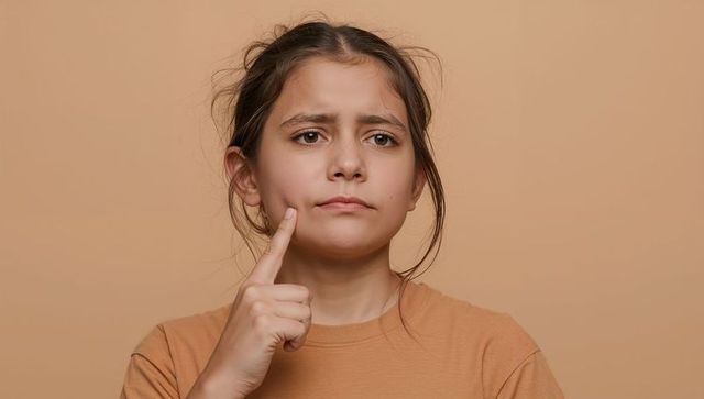 Preteen girl touching cheek while thinking neutral beige background portrait, contemplative mood