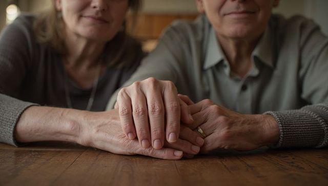 Senior couple holding hands on wooden table showing lasting love and quiet companionship