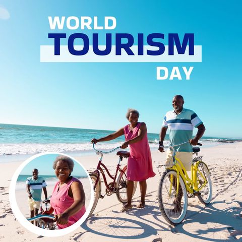 World Tourism Day: Joyful Senior Couple with Bicycles on Sunlit Beach - Download Free Stock Templates Pikwizard.com