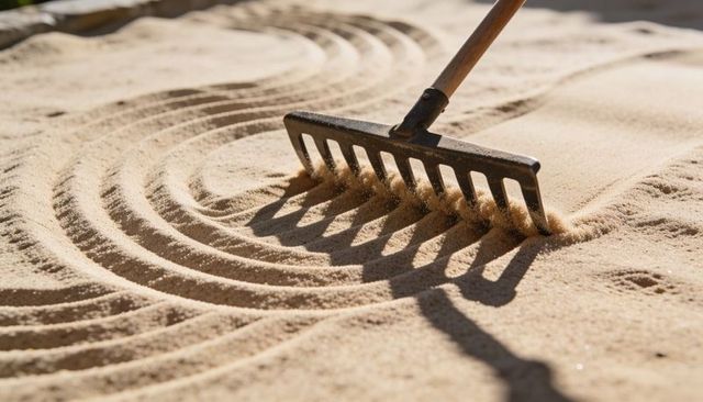 Metal garden rake raking sand creating curved zen garden lines and textured ripples