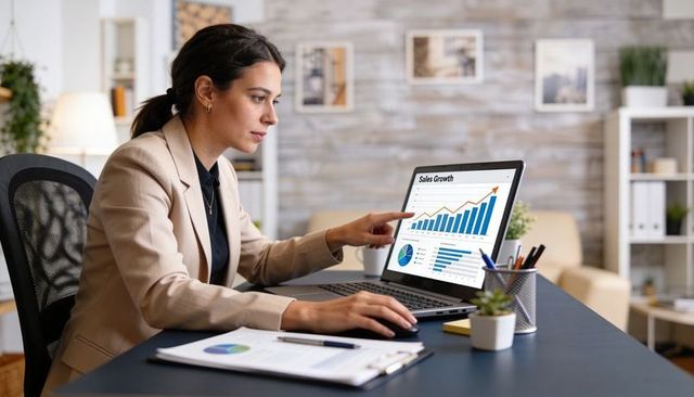 Businesswoman pointing at laptop displaying sales growth chart in modern office