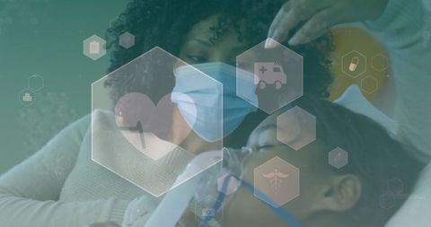 Mother and Daughter in Masks with Future Healthcare Icons Overlay