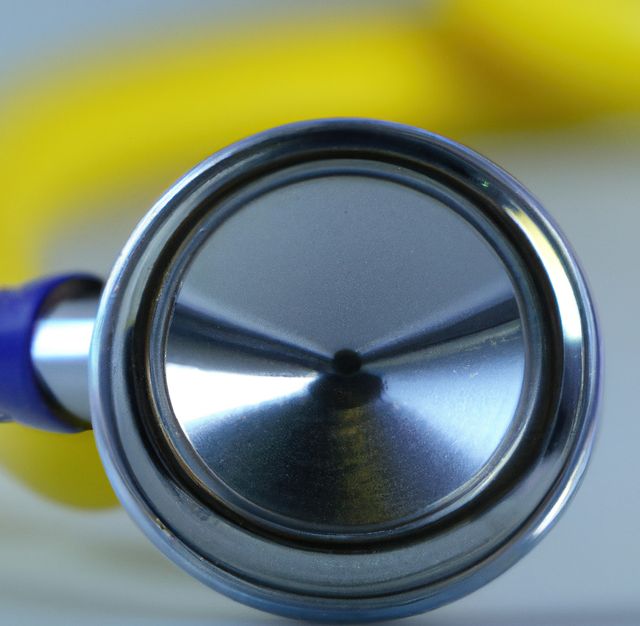 Image of close up with detail of yellow stethoscope on grey background. Medicine, doctors and healthcare services concept.
