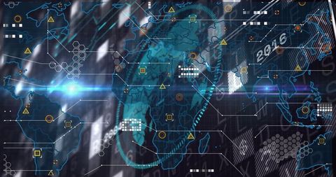 Futuristic world map interface with data visualization and analytics