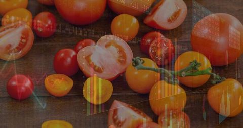 Market trend concept with red and yellow tomatoes and translucent stock chart overlays