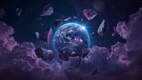 Futuristic earth in space with floating asteroids and violet clouds