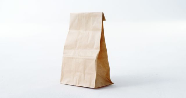 A plain brown paper bag stands upright against a white background, with copy space. Its simplicity suggests eco-friendly packaging or a classic lunch sack.