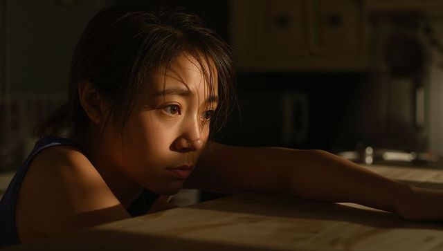 Leaning asian woman gazing at wooden countertop in moody cinematic kitchen light