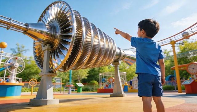 Curious child pointing at polished turbine rotor in interactive outdoor science playground