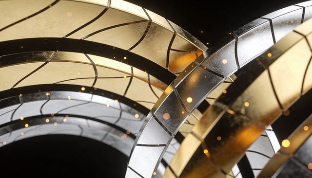 Interlocking Metallic Rings Glinting Gold and Silver Panels with Floating Sparks