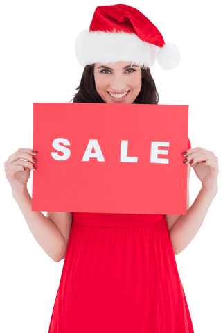 Festive Woman Holding Transparent Sale Sign in Santa Hat