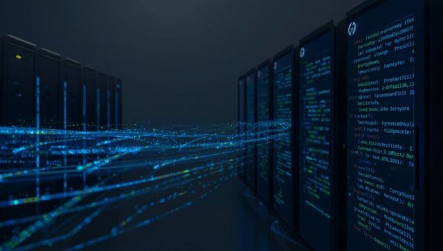 Futuristic data stream flowing in high-tech data center