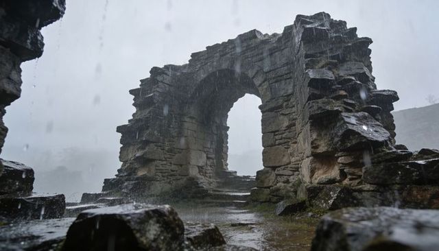 Ancient mossy stone arch standing in heavy rain over wet steps and rocky ruins in mist