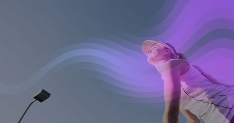 Female Athlete Stretching Outdoors with Vibrant Purple Waves