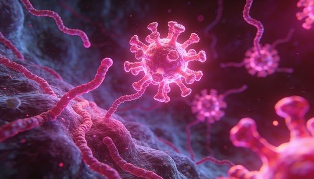 Glowing magenta coronavirus particle with spike proteins in cellular matrix 3d render