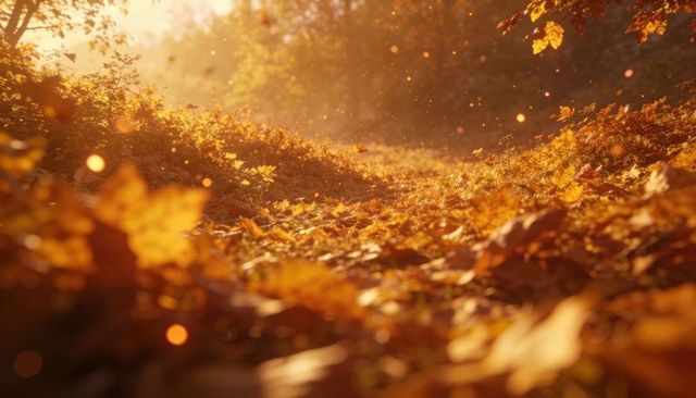 Golden autumn trail glowing with sunlit maple leaves, floating bokeh, warm backlight