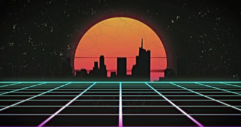 Retro Futuristic Cityscape at Sunset with Digital Grid